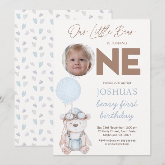 Photo Brown Blue Balloons Beary First Birthday Kaart (Voorkant / Achterkant)