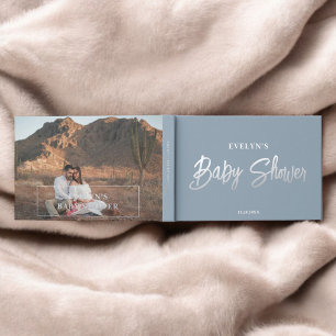 Photo Brush Script Elegant blauw Baby shower Gastenboek