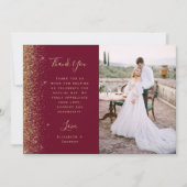 Photo Burgundy Red Gold Glitter Script Wedding Bedankkaart (Voorkant)