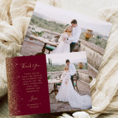 Photo Burgundy Red Gold Glitter Script Wedding Bedankkaart