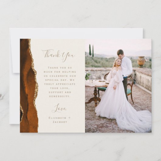 Photo Burnt Orange Agate Gold Ivory Script Wedding Bedankkaart (Voorkant)