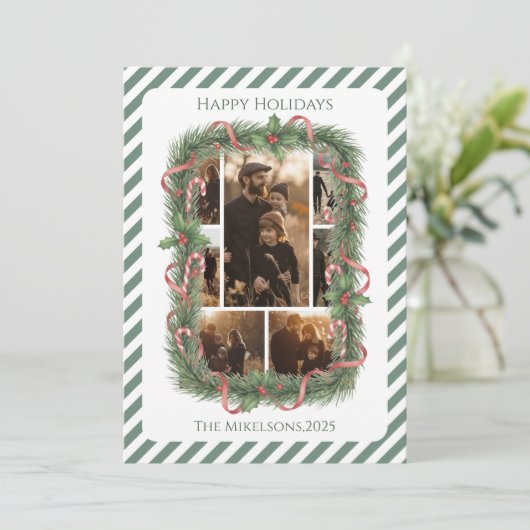 Photo Candy Cane Wreath Family Christmas Feestdagenkaart (Staand voorkant)