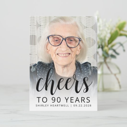 Photo Cheers Black Script 90th Birthday Party Kaart (Staand voorkant)