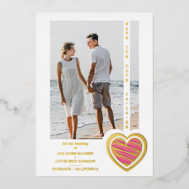 Photo Chic Elegant Hot Pink & Golden Heart Couple Folie Uitnodiging