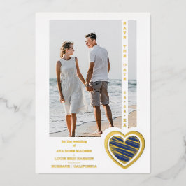 Photo Chic Elegant Navy Blue & Golden Heart Couple Folie Uitnodiging