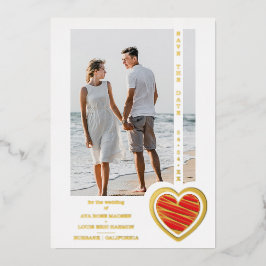 Photo Chic Elegant Red & Golden Heart Couple Folie Uitnodiging
