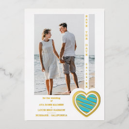 Photo Chic Elegant Turquoise & Golden Heart Couple Folie Uitnodiging