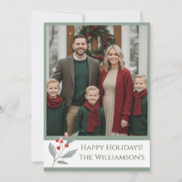 Photo Christmas Card – Watercolor Holly Berry Feestdagenkaart