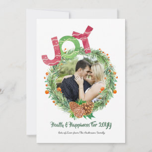 PHOTO Christmas New Years JOY WREATH Personalized Feestdagenkaart