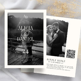 Photo classic black and ivory QR code RSVP wedding Kaart