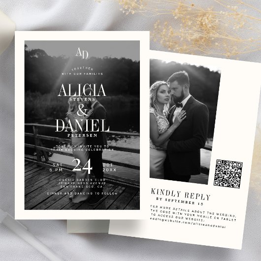 Photo classic black and ivory QR code RSVP wedding Kaart