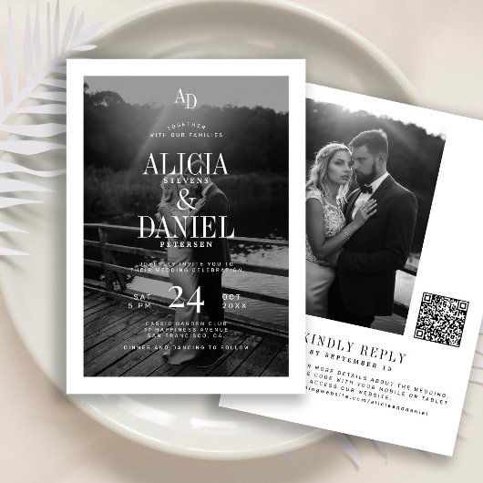 Photo classic black and white QR code RSVP wedding Kaart