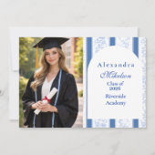Photo Classic Blue Toile Graduation Party Aankondiging (Voorkant)