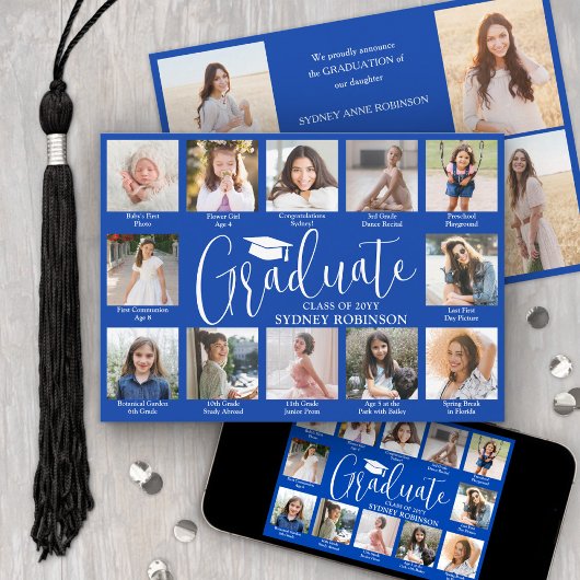 Photo Collage & Captions Royal Blue Graduation Aankondiging