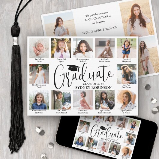 Photo Collage & Captions Trendy Script Graduation Aankondiging