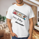 Photo collage film name birthday guy t-shirt<br><div class="desc">For a white/light colored t-shirt. Personalize and add a name and 3 photos inside the film roll frame. Black text.</div>