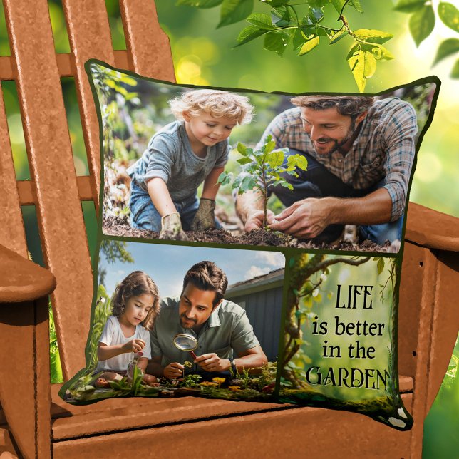 Photo Collage Fun Garden  Buitenkussen (Pillow featuring a family photo collage with a green garden theme)