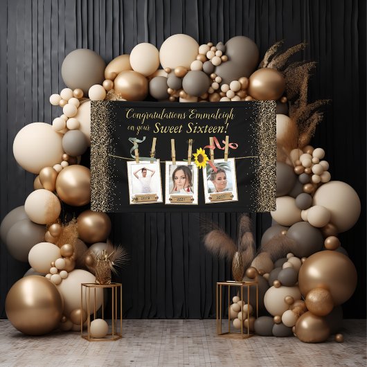 Photo Collage Gold Glitter Sweet 16 Verjaardag Spandoek
