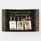Photo Collage Gold Glitter Sweet 16 Verjaardag Spandoek (Horizontaal)
