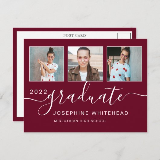 Photo Collage Graduation Minimal Burgundy Briefkaart (Voorkant / Achterkant)