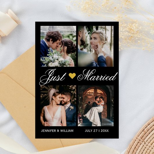 Photo Collage Just Married Wedding Announcement Kaart
