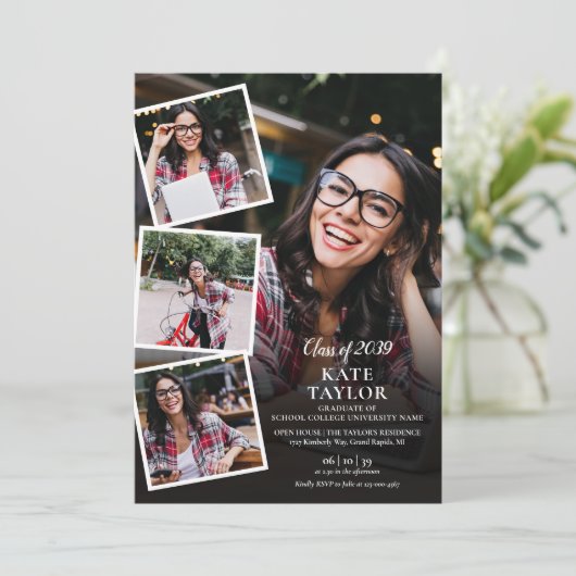 Photo Collage Modern Graduation Party QR-code Kaart (Staand voorkant)