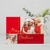Photo Collage Modern Script Christmas Folie Holida Folie Feestdagenkaart (Staand Voorkant)