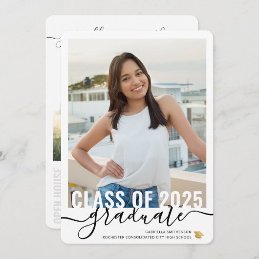 Photo Collage Modern Script Graduation Open House Aankondiging (Voorkant / Achterkant)