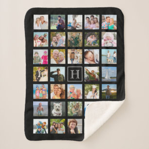 Photo Collage Monogram Bewerkbaar Zwart Sherpa Deken