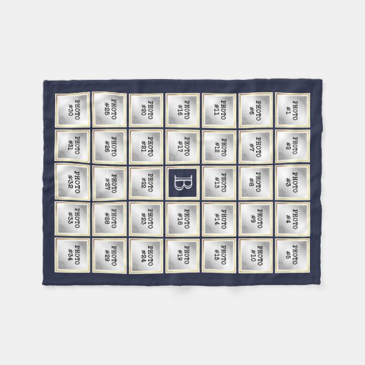 Photo Collage Monogram Gold Lijst Bewerkbaar Blauw Fleece Deken (Voorkant (Horizontaal))