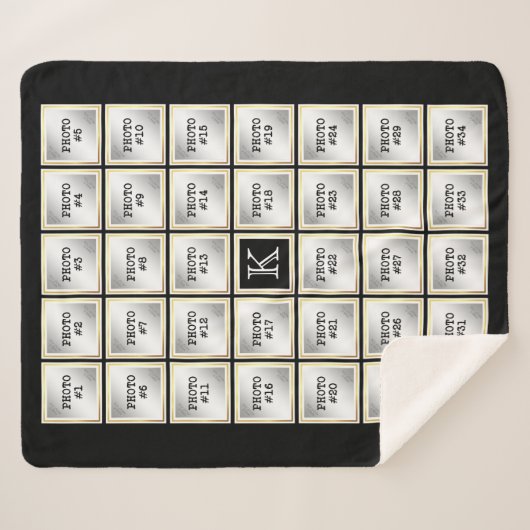 Photo Collage Monogram Zwart Goud Lijst 34 foto's Sherpa Deken (Voorkant (horizontaal))