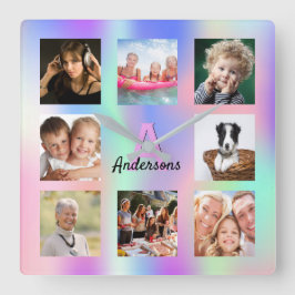 Photo collage rainbow family monogram holographic vierkante klok