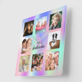 Photo collage rainbow family monogram holographic vierkante klok (Hoek)
