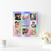 Photo collage rainbow family monogram holographic vierkante klok (Huis)