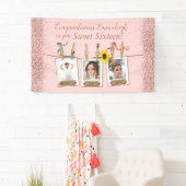 Photo Collage Roos Gold Glitter Sweet 16 Birthday Spandoek (Insitu)