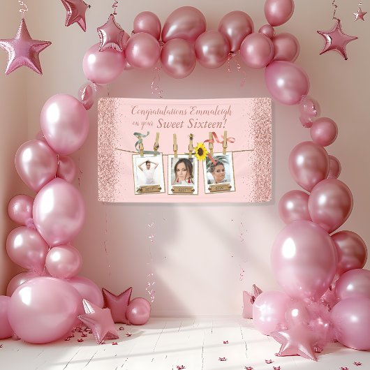 Photo Collage Roos Gold Glitter Sweet 16 Birthday Spandoek