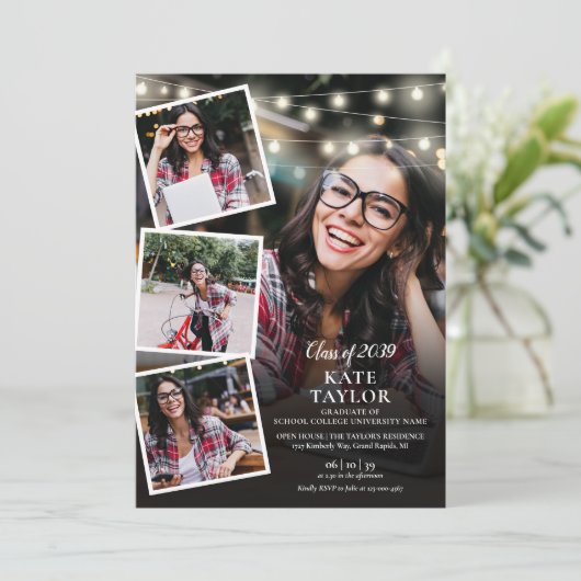 Photo Collage String Lights Graduation Party Kaart (Staand voorkant)