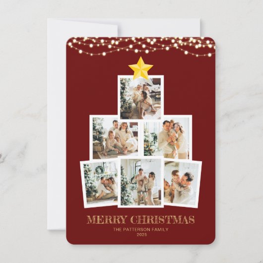 Photo Collage Tree Red String lights Christmas Feestdagenkaart (Voorkant)