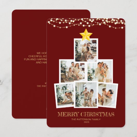 Photo Collage Tree Red String lights Christmas Feestdagenkaart (Voorkant / Achterkant)