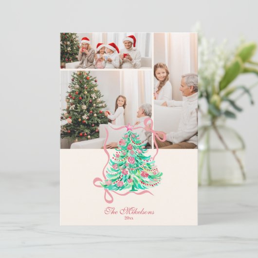 Photo Coquette Pink Bow Christmas Feestdagenkaart (Staand voorkant)