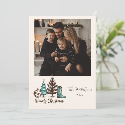 Photo Cowgirl Rustic Howdy Christmas Feestdagenkaart (Staand voorkant)