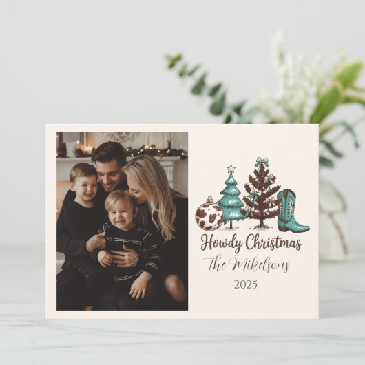Photo Cowgirl Rustic Howdy Christmas Feestdagenkaart (Staand voorkant)