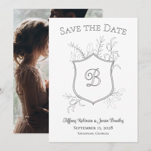 Photo Crest Monogram Classic Black and White Save The Date (Voorkant / Achterkant)