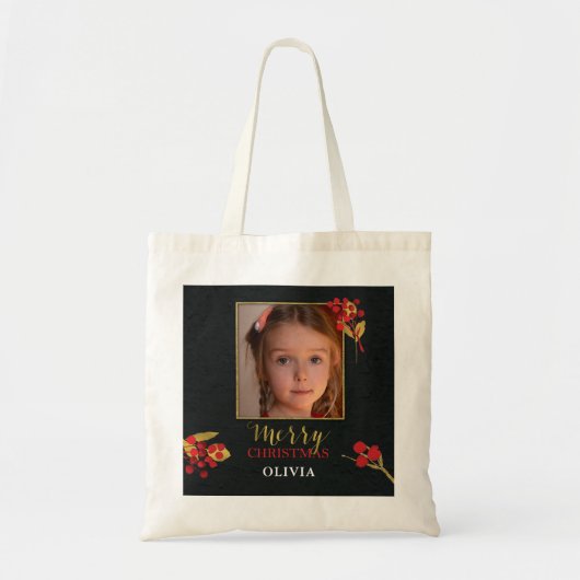 Photo Customizable Christmas Card, Black Gold Red Tote Bag (Voorkant)