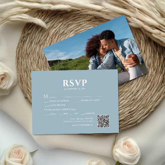 Photo Dust Blue QR Code Wedding RSVP Kaartje