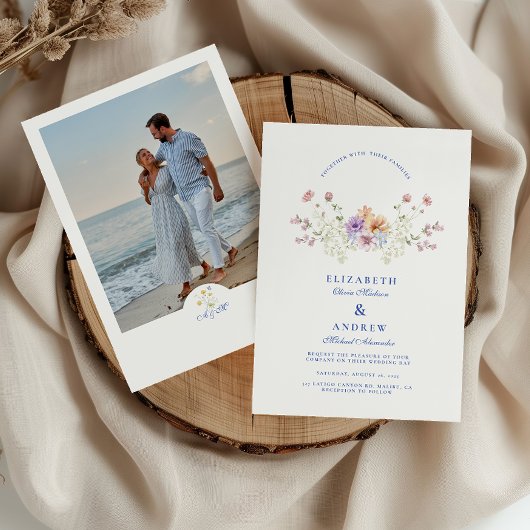 Photo Dusty Blue Crest Floral Wedding Kaart