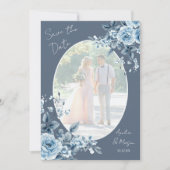 Photo Dusty Blue Script Floral Save the Date Card Kaart (Voorkant)