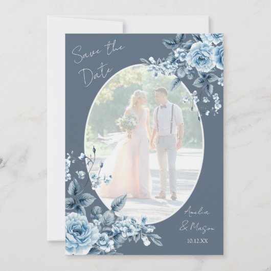 Photo Dusty Blue Script Floral Save the Date Card Kaart (Voorkant)