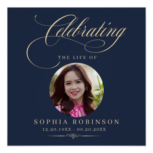Photo Elegant Blue Gold Script Funeral Memorial  Perfect Poster (Voorkant)