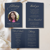 Photo Elegant Blue Gold Script Funeral Program Kaart
